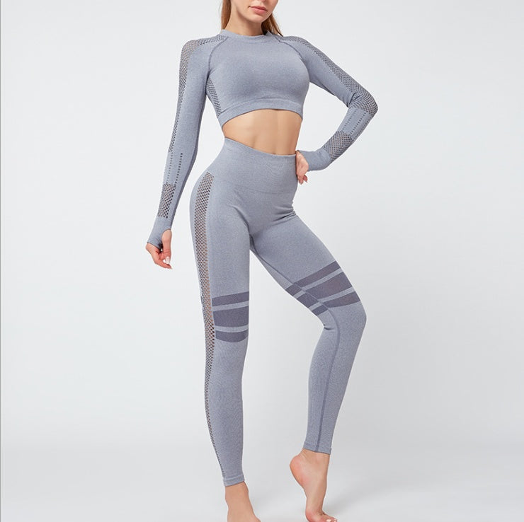 Seamless Long Sleeve Women's Fitness Long Sleeve Shirt + Striped Skinny Leggings 2-Piece Yoga Set