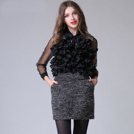 Big Flower Design Transparent Organza Women's Long Sleeve Dress Shirt