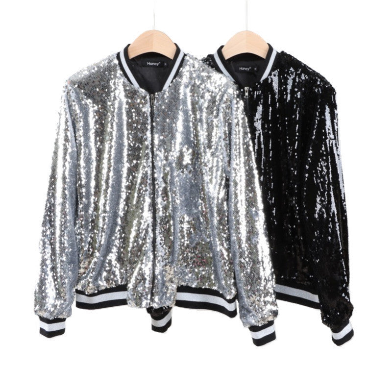 Sequin Black/Silver Striped Hem O-Neck Women's Long Sleeve Baseball Bomber Jacket