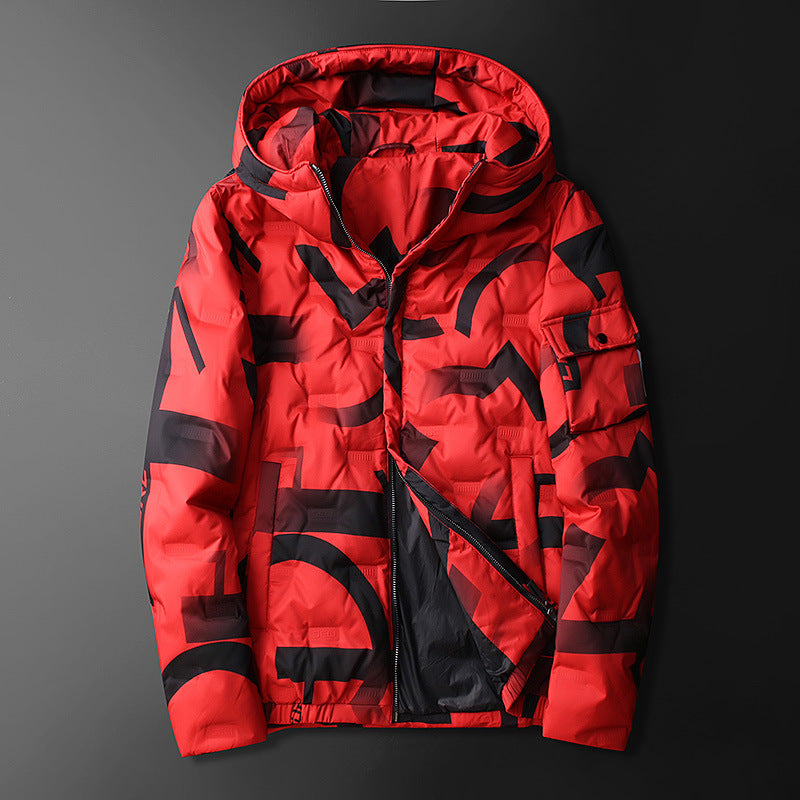 Men's Striped Tie-Dye Quilted Padded Hooded Down Ski Jacket