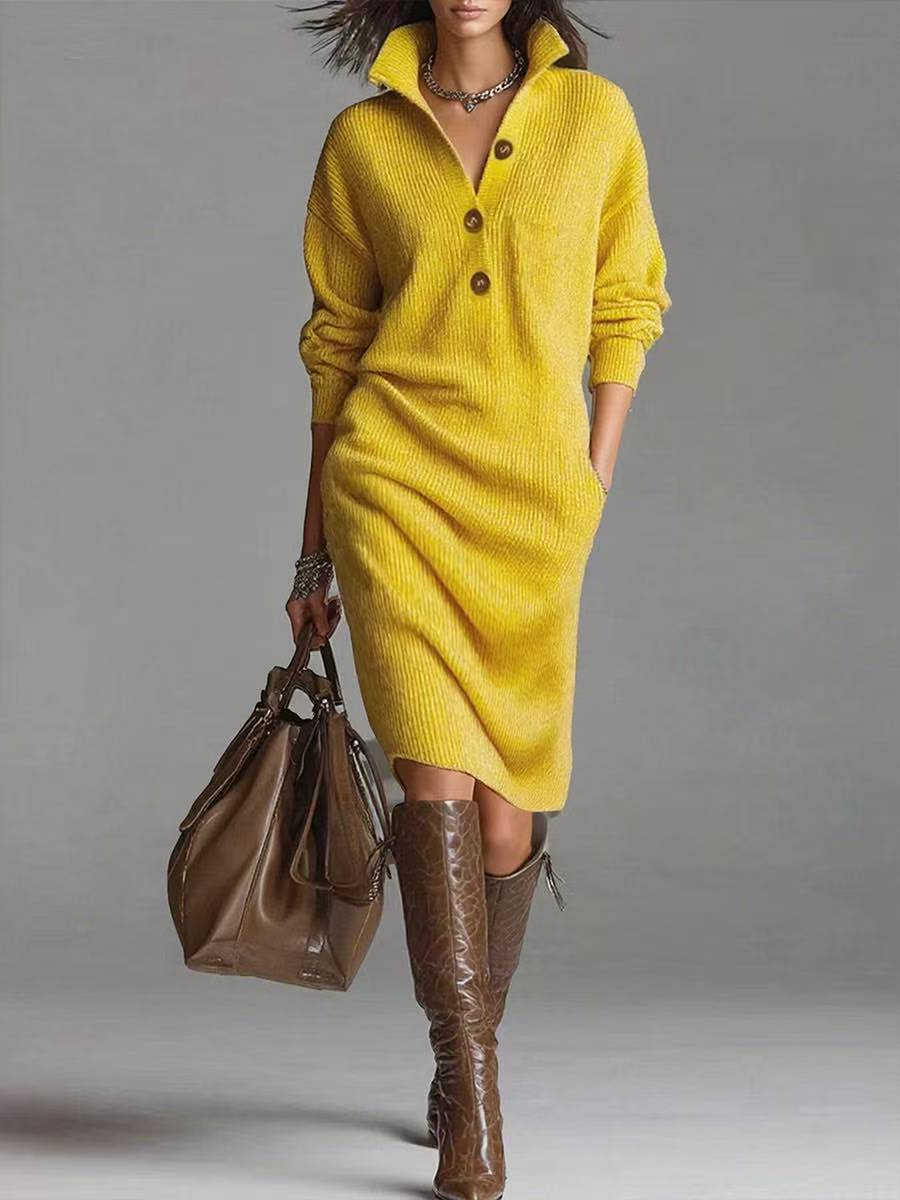 Knitted Button-Up Long Sleeve Stand Turn-Down Collar Pullover Sweater Dress to 3X Plus Size