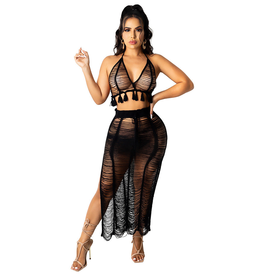 Transparent Hanging Tassel Knitted Bikini Top+ Sheer Fringe Maxi Beach Skirt Women's 2-Piece Set
