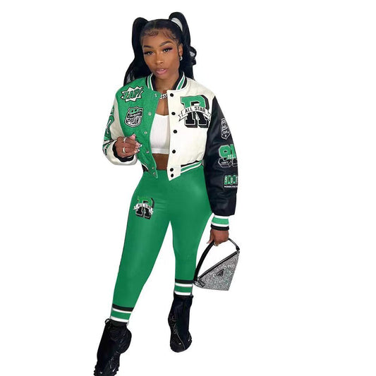 Colorblock Varsity Women's Hip-Hop Letterman's Baseball Bomber Jacket + Sweatpants 2-Piece Set