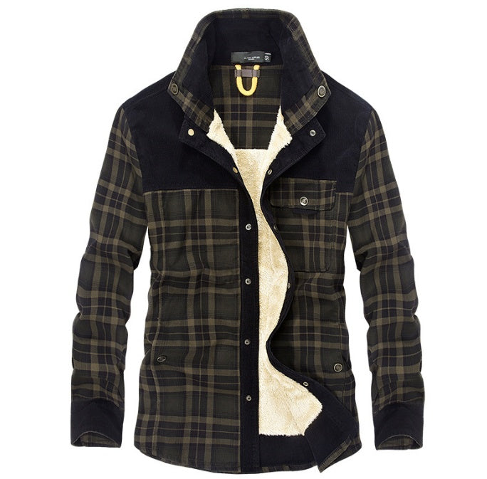 Men's Plaid Colorblock Fleece Lined Pure Cotton Button-Up Jacket