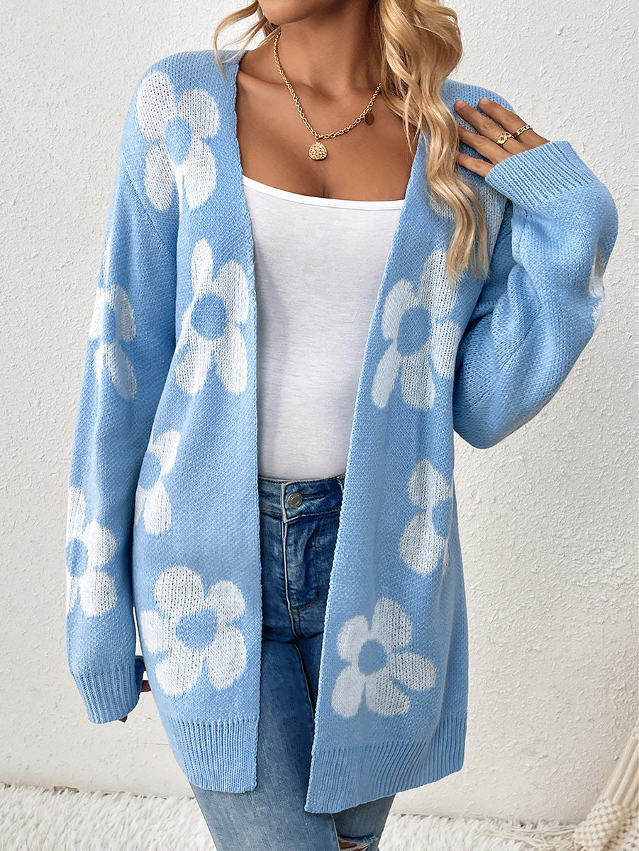 Open Big Flower Print Loose Flower Knitted Cardigan Maxi Sweater