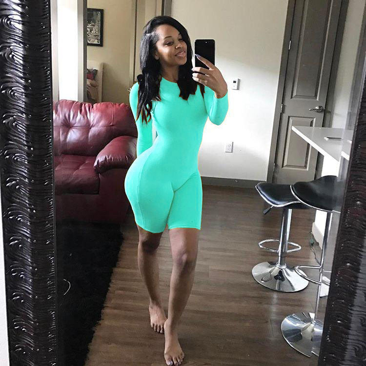 Bodycon Women's Long Sleeve Solid Color Fitness Shorts Romper