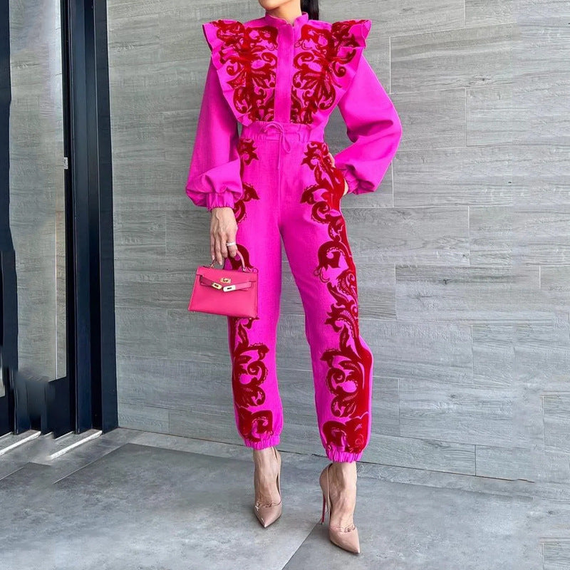 Ornate Swirl Print Pleated Ruffled Lantern Sleeve Blouse + Drawstring Trouser Pants Women's 2-Piece Set