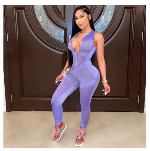 Fitness Sleeveless Deep V-Neck Colorblock Camisole Smocked Women's Skin Tight Yoga Workout Zipper Jumpsuit