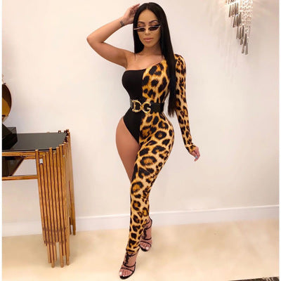 Leopard Colorblock Print Sleeveless One Sleeve Asymmetrical One Leg Jumpsuit