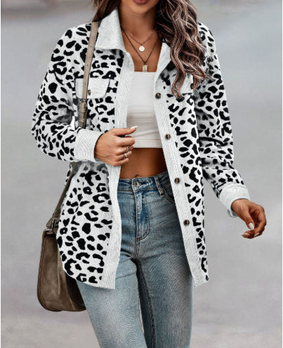 Leopard Print Double Pocket Design Long Sleeve Women's Turn-Down Collar Jacket to 3X Plus Size
