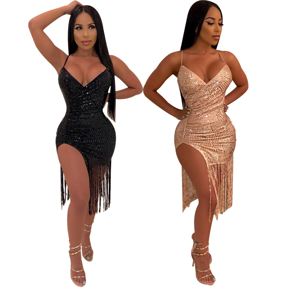 Sparkling Metallic Sequin Tassel Fringe Design V-Neck High Side Slit Formal Mini Party Dress