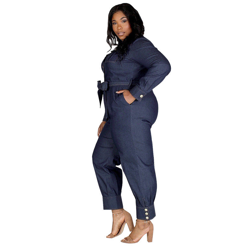 Dark Blue Denim Double Pocket Design Women's Long Sleeve Button-Up Sash Belted Jumpsuit to 5X Plus Size