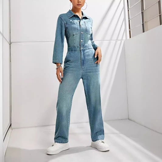 Denim Blue Washed Button-Up Women's Skinny Long Sleeve Turn-Down Collar Overall Jean Jumpsuit