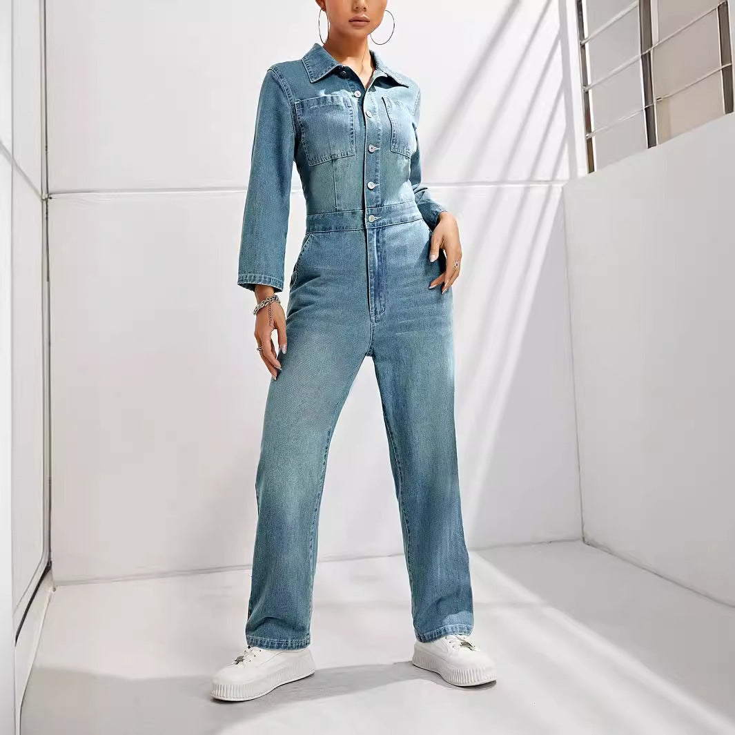 Denim Blue Washed Button-Up Women's Skinny Long Sleeve Turn-Down Collar Overall Jean Jumpsuit