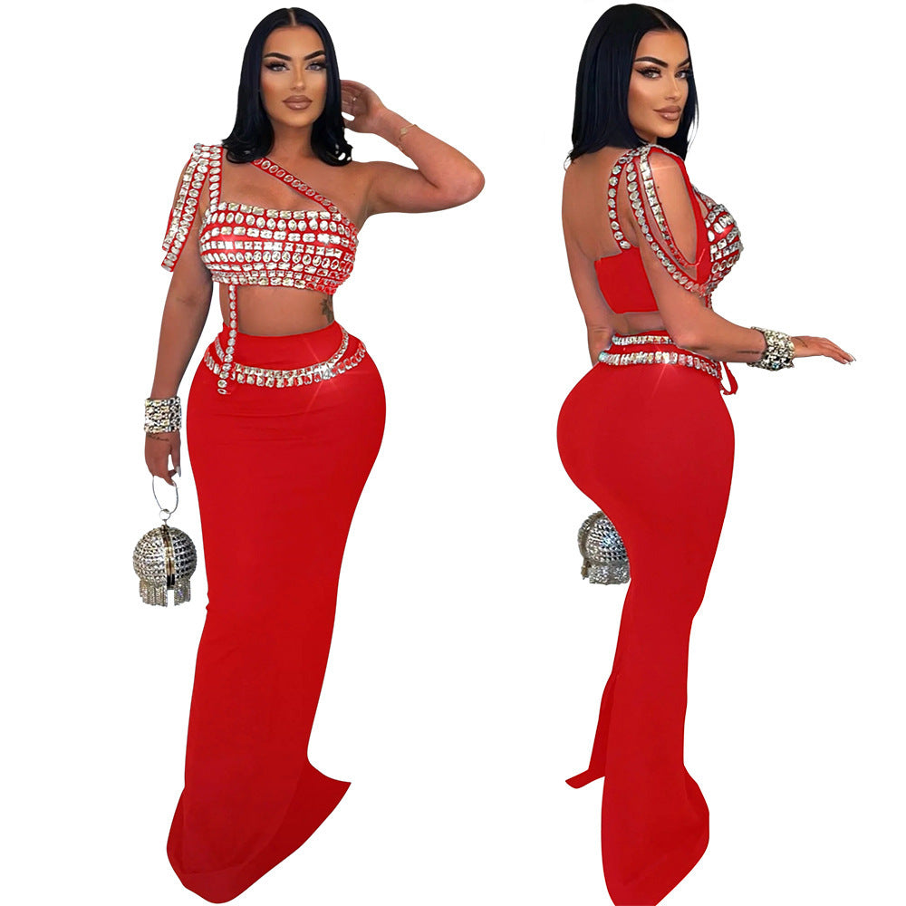 Draped Big Rhinestone Embellished Asymmetrical One Shoulder Crop Top+ Maxi Skirt Women's Formal 2-Piece Set