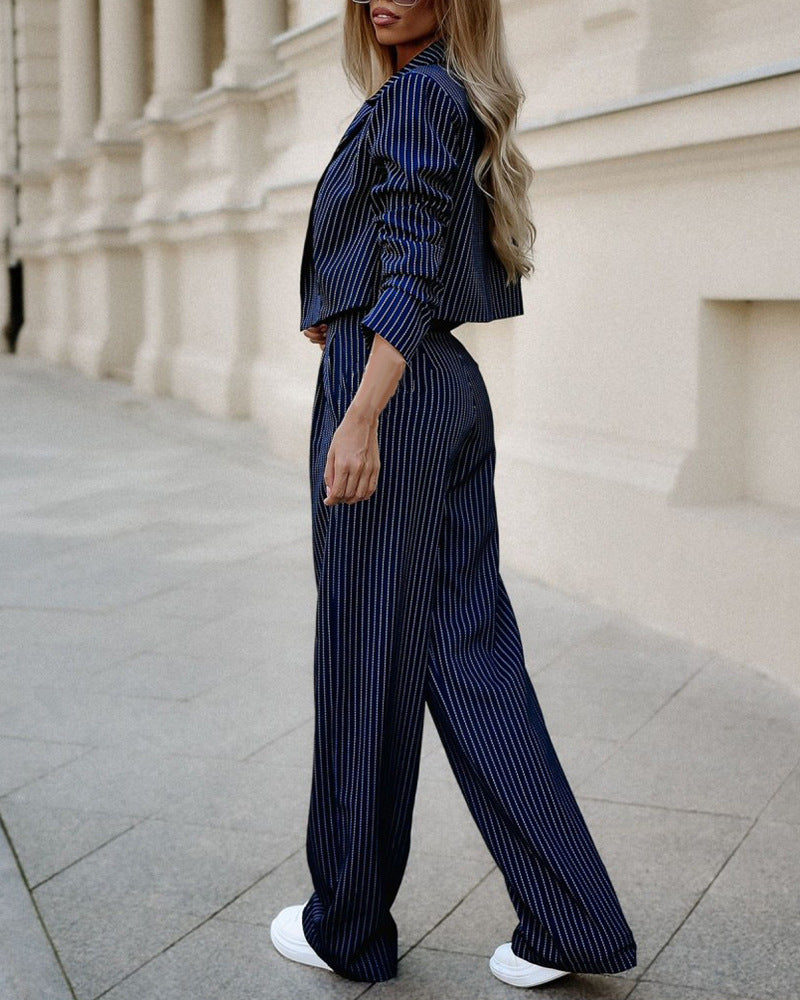 Pinstriped Long Sleeve Cropped Women's Blazer Jacket + Straight Pants Suit