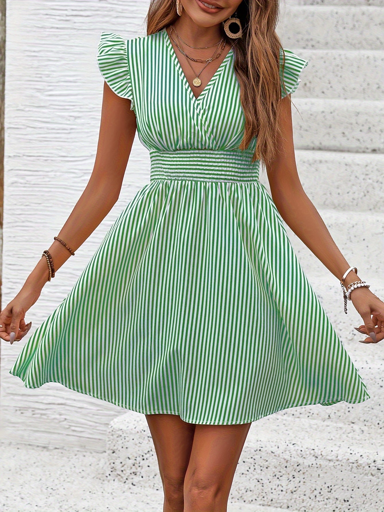 Striped Sleeveless V-Neck Elastic Waist Flared Midi Dress