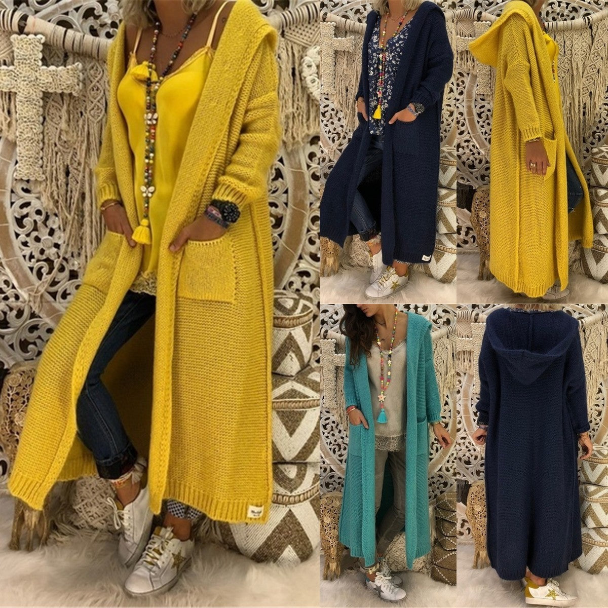 Loose Oversized Knitted Women's Drawstring Hoodie Cardigan Maxi Sweater to 3X Plus Size