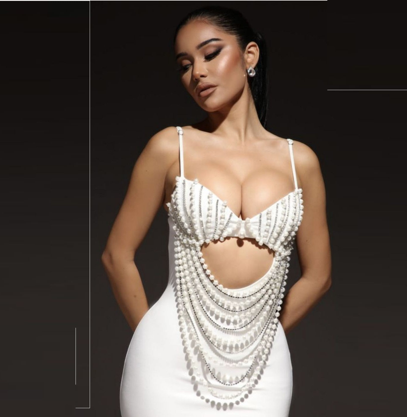 Pearl Tassel Fringe Embellished Sleeveless Hollow-Out Spaghetti Strap Formal Dress