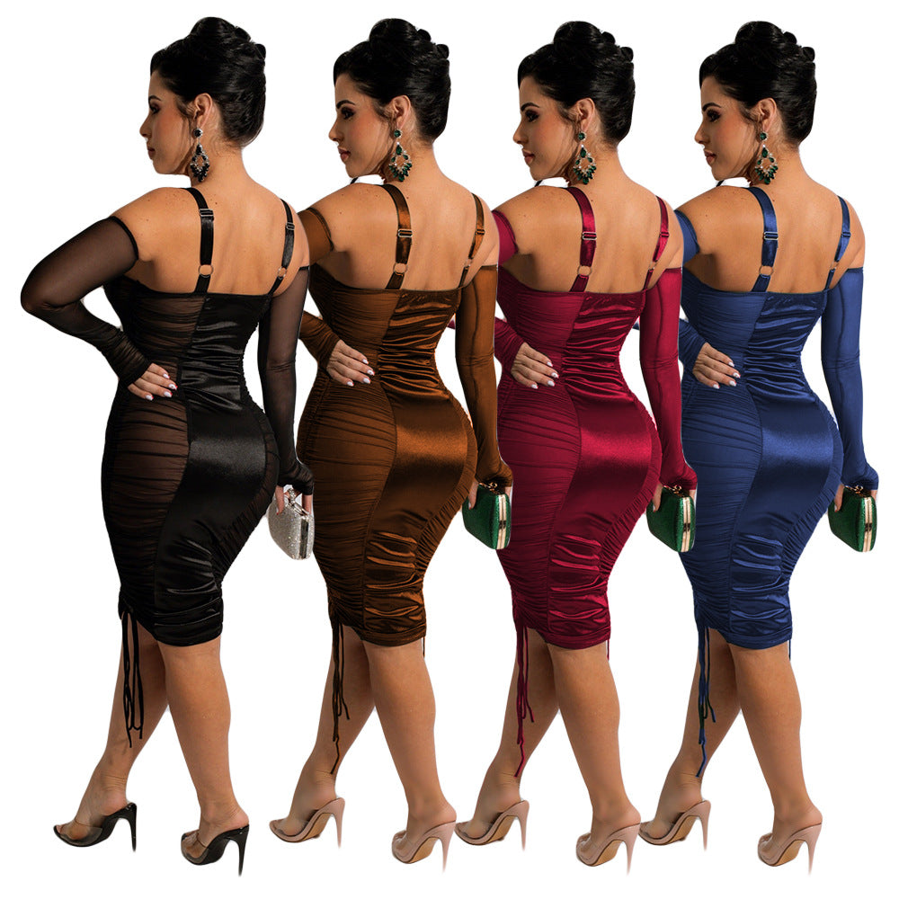 Satin Mesh Ruched Sleeveless Patchwork Bodycon Formal Party Dress