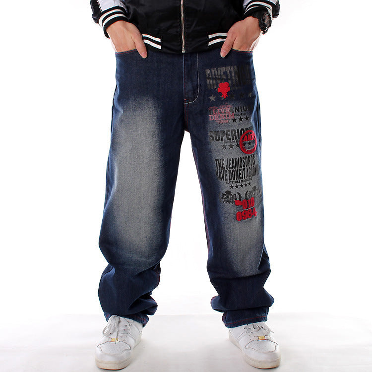 Men's Faded Hip-Hop Media Graffiti Letter/Skull Print Embroidered Skater Jeans to 46 Big & Tall