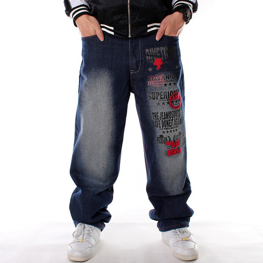 Men's Faded Hip-Hop Media Graffiti Letter/Skull Print Embroidered Skater Jeans to 46 Big & Tall