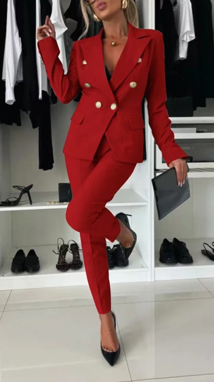 Double Breasted Button-Up Women's Blazer Jacket + Skinny Trouser Pants Women's Office Business Suit