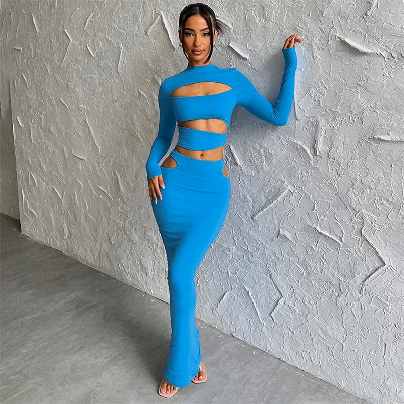 Neon Blue Hollow-Out Long Sleeve Women's Crop Top + Skinny Maxi Skirt 2-Piece Set