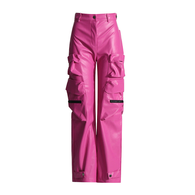 Hot Pink PU Leather Women's Multi-Pocketed Hip-Hop Streetwear Cargo Pants