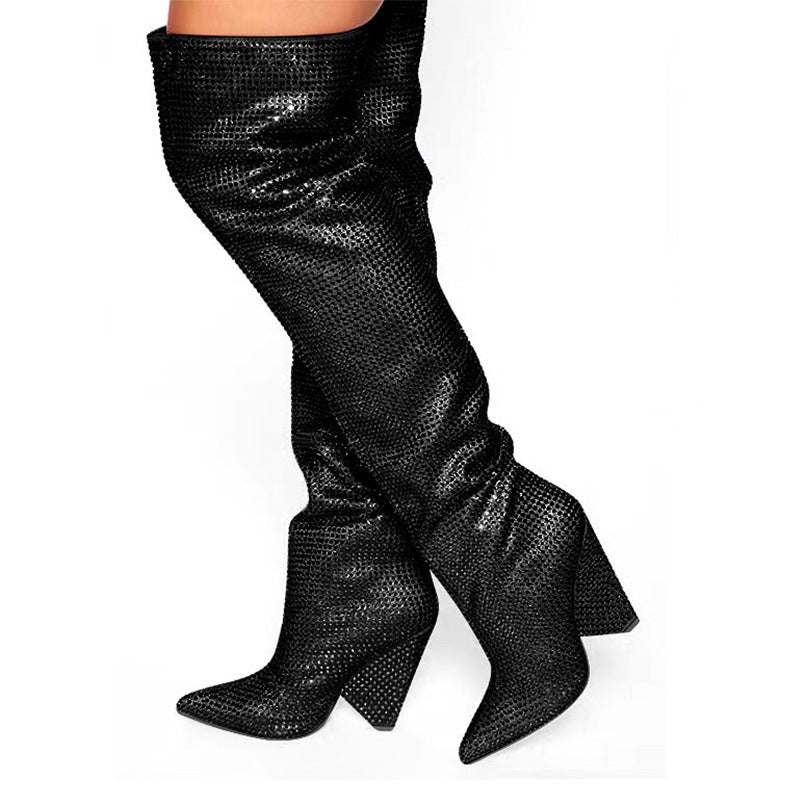 Rhinestone Metallic Pointed Tapered Heel Below-the-Knee Women's Western Wedge Boots