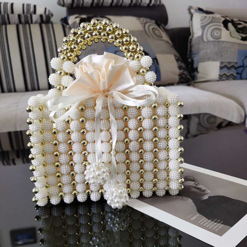 Satin Pearl Beaded Bowknot Decor Square French Niche Hand-Weaved Dinner Satchel Purse