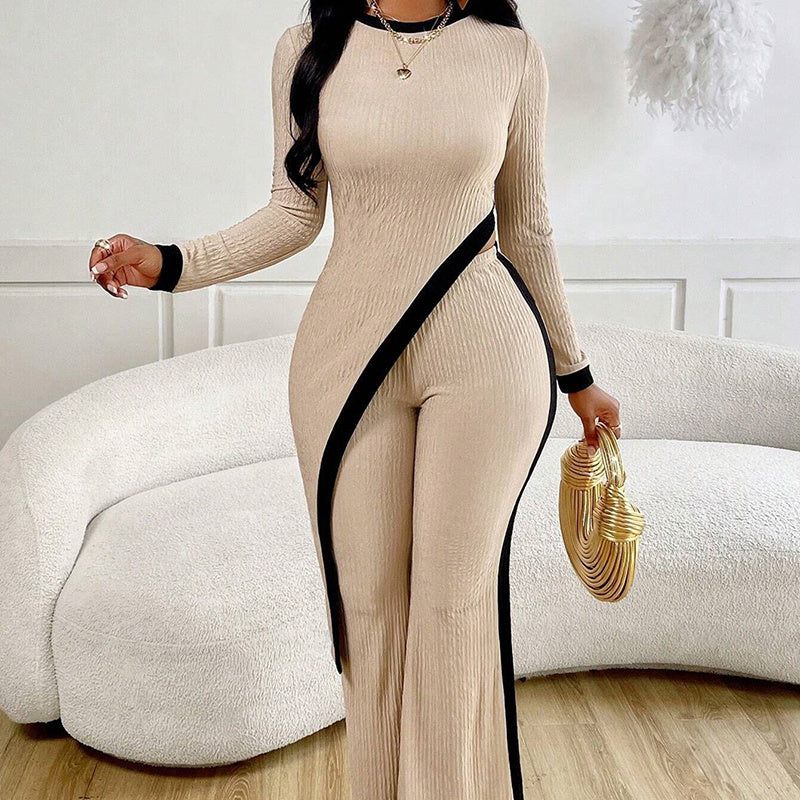 Striped Colorblock Women's Asymmetrical Hem Long Sleeve Top + Wide Leg Pants 2-Piece Set