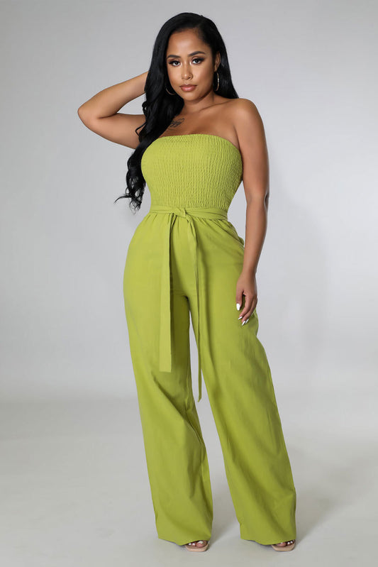 Sleeveless Waffle Pattern Lace-Up Solid Color Women's Tube Top Jumpsuit
