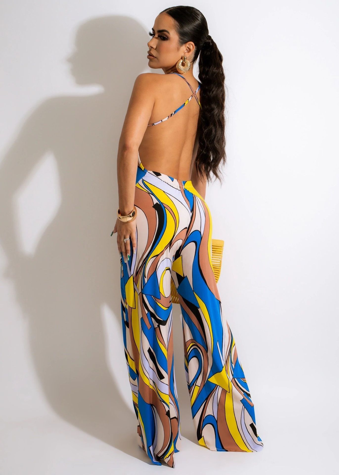 Swirl Print Blue/Yellow/White Sleeveless Spaghetti Strap Backless Women's Wide Leg Jumpsuit
