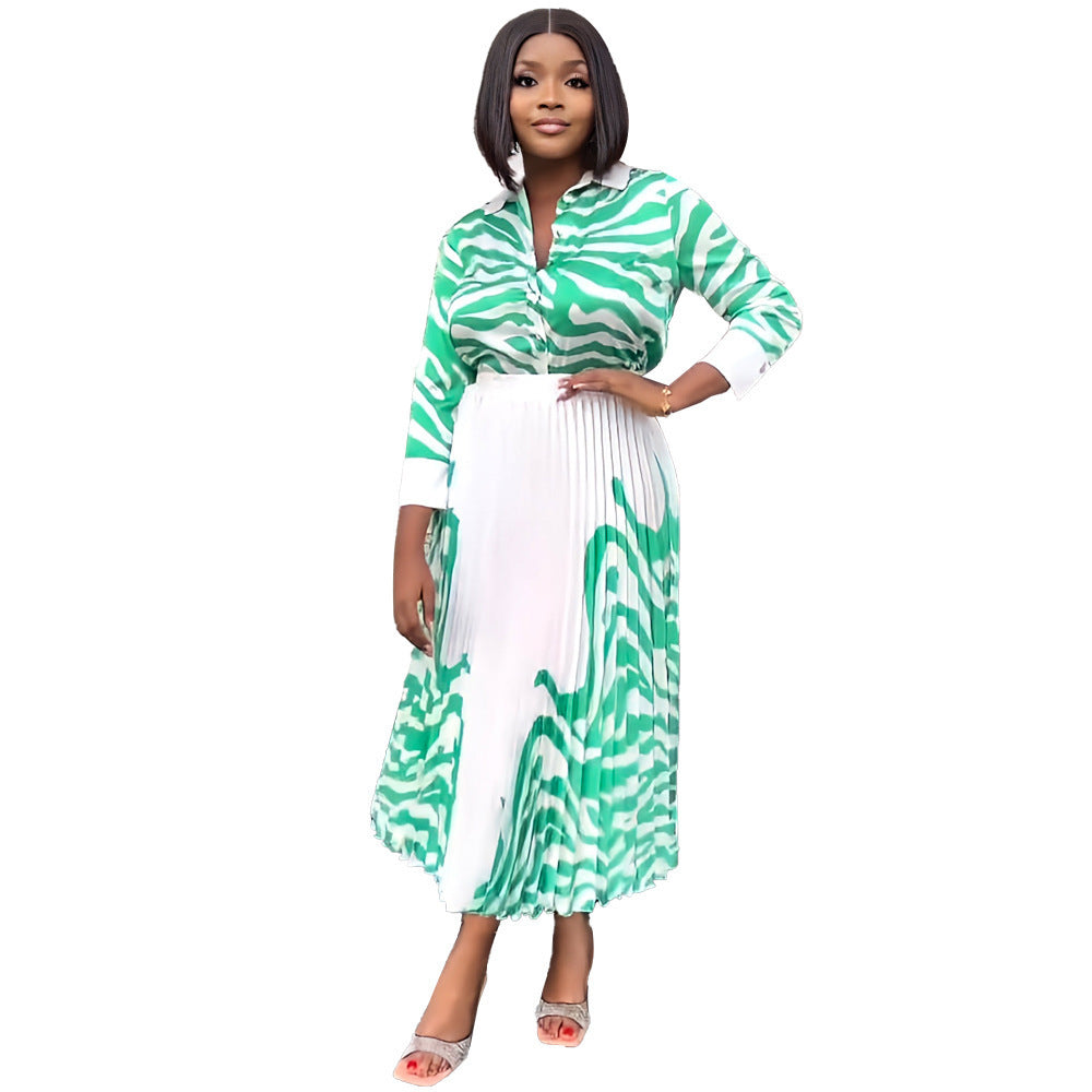 Zebra Colorblock Print Long Sleeve Women's Blouse + Maxi Pleated Skirt 2-Piece Set