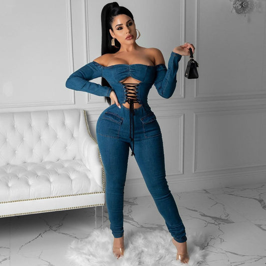 Denim Lace-Up  Long Sleeve Zipper Back Off-the-Shoulder Women's Skinny Jean Jumpsuit