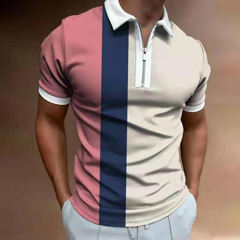 Men's Striped Colorblock Print Short Sleeve Zipper Turn-Down Collar Polo Shirts