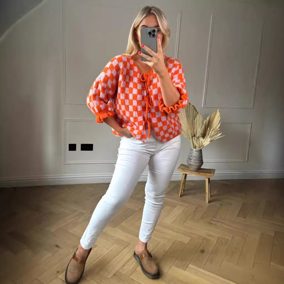 Plaid Checker Colorblock Print Bowknot Design Women's 1/2 Sleeve Sweater