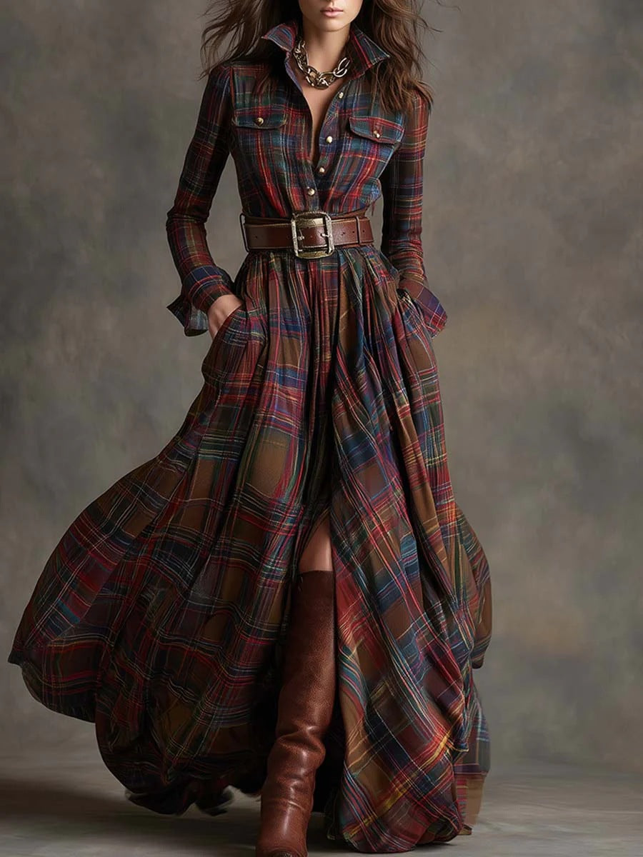 Oversized Plaid Print Long Sleeve Pocketed Turn-Down Collar Button-Up Big Swing Maxi Dress to 4X Plus Size
