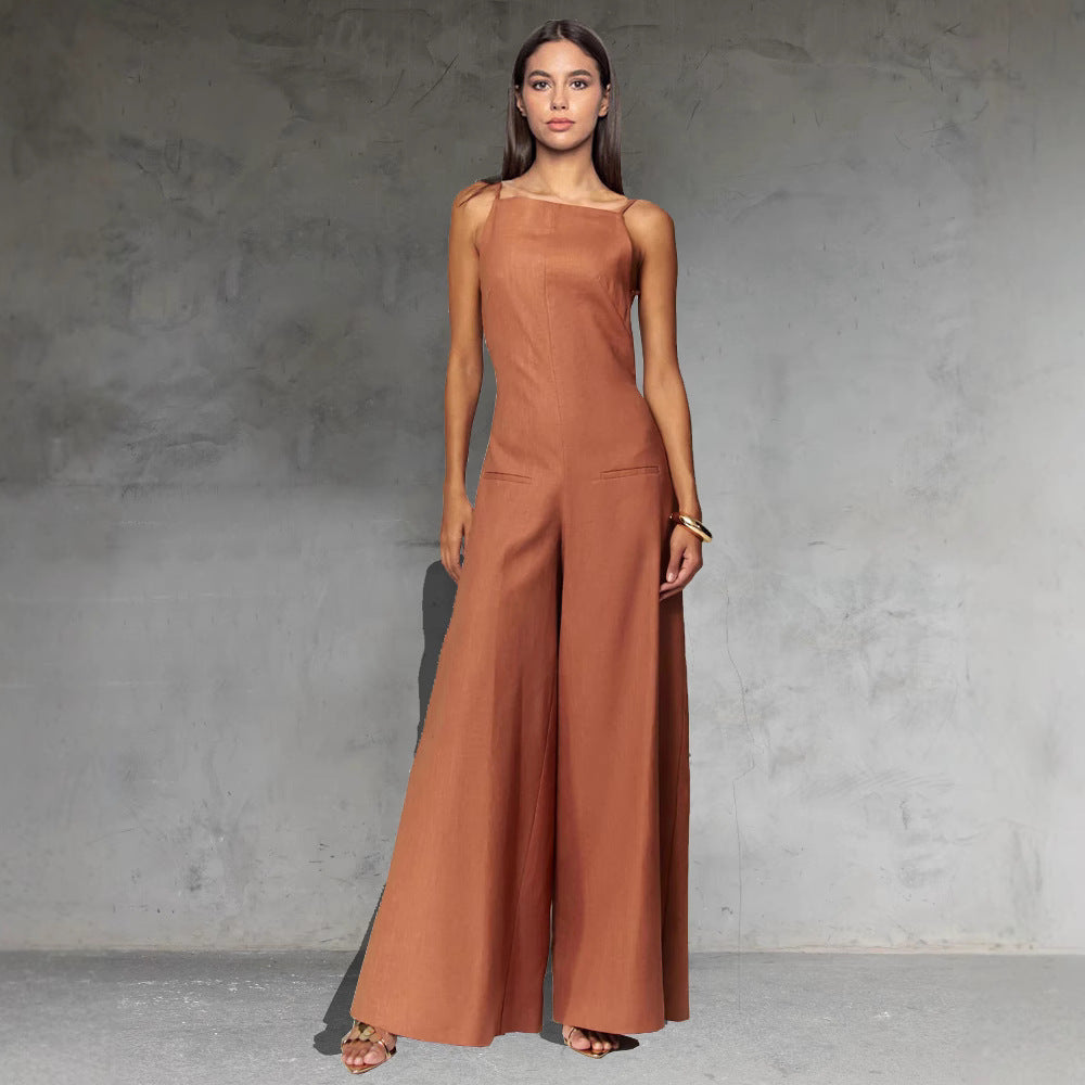 Wide Leg Solid Color Backless Suspender Sleeveless Wide Leg Women's Jumpsuit