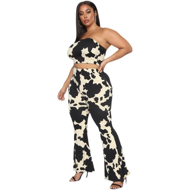 Black/Off-White Cowhide Pattern Sleeveless Tube Top + Flared Leggings 2-Piece Set to 5X Plus Size