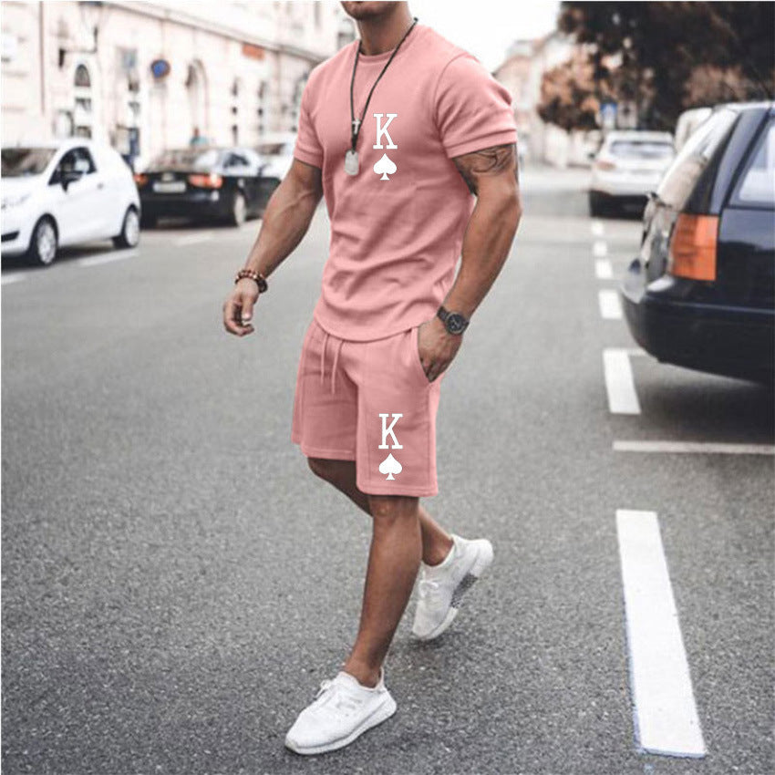 Men's King Of Spades Print Loose Solid Color Casual T-Shirt + Shorts 2-Piece Set