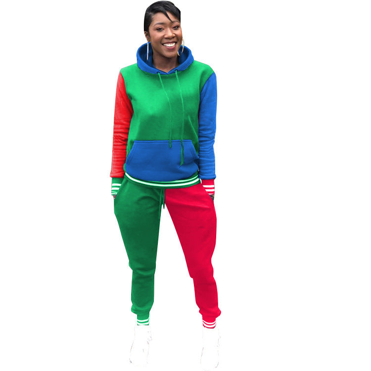 Colorblock Red/Blue/Green Women's Casual Sports Hoodie Sweatshirt + 2-Tone Jogger Sweatpants 2-Piece Tracksuit