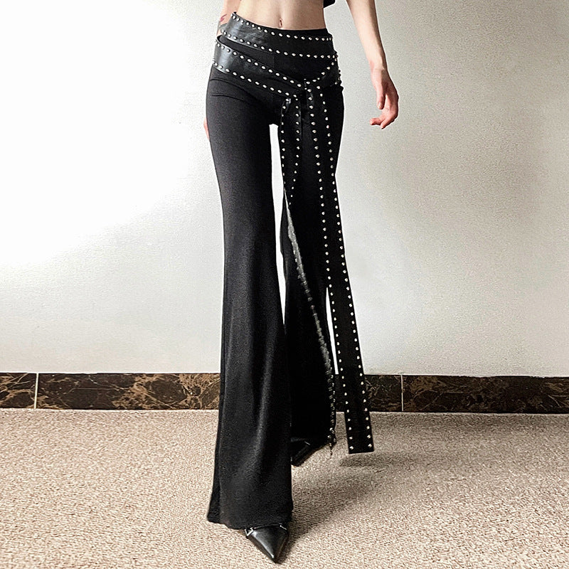 Black Rivet Design Flared Leg Women's Pants w/ Hanging Sash Belt