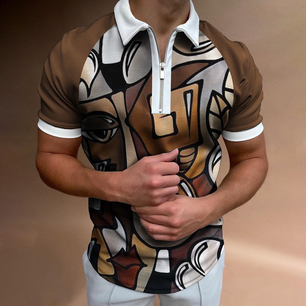 Men's Striped Colorblock Print Short Sleeve Zipper Turn-Down Collar Polo Shirts