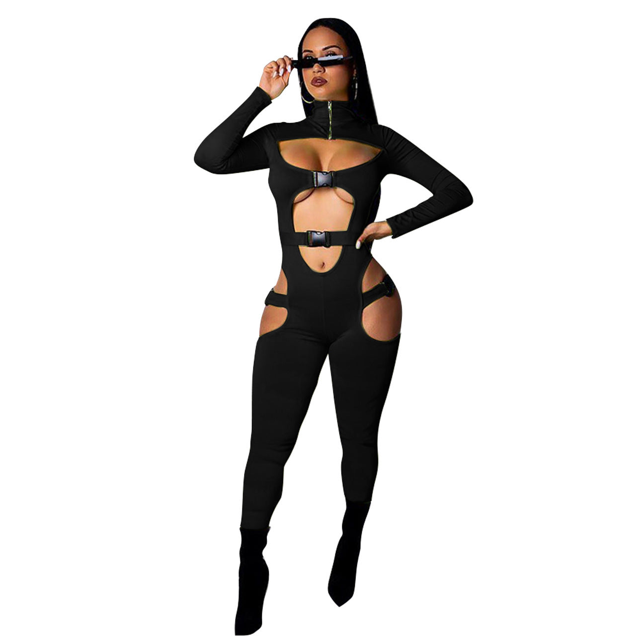 Sexy Hollow-Out Long Sleeve Solid Color Women's Skin Tight Jumpsuit