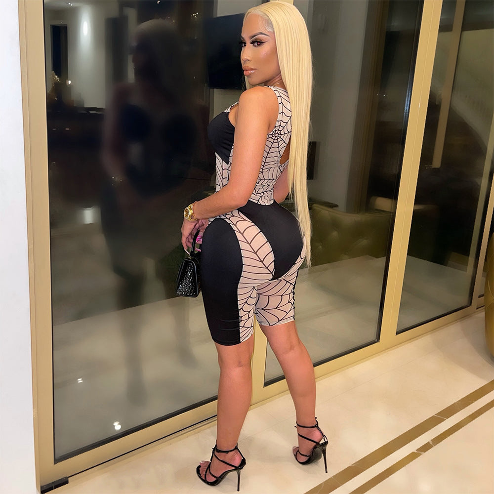 Sheer Transparent Stitched Sleeveless Women's Corset Top Shorts Romper