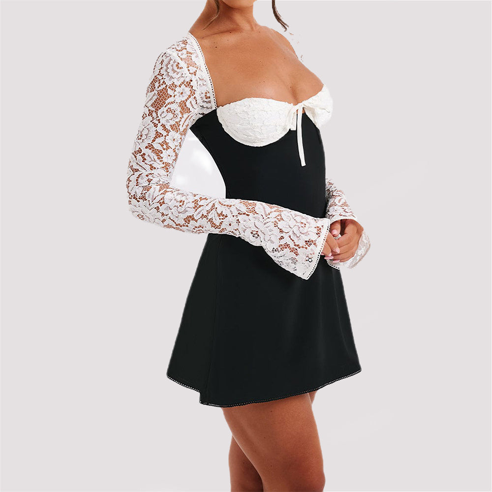 Lace Corset Bowknot Criss-Cross Back Design  Long Sleeve Mini Dress