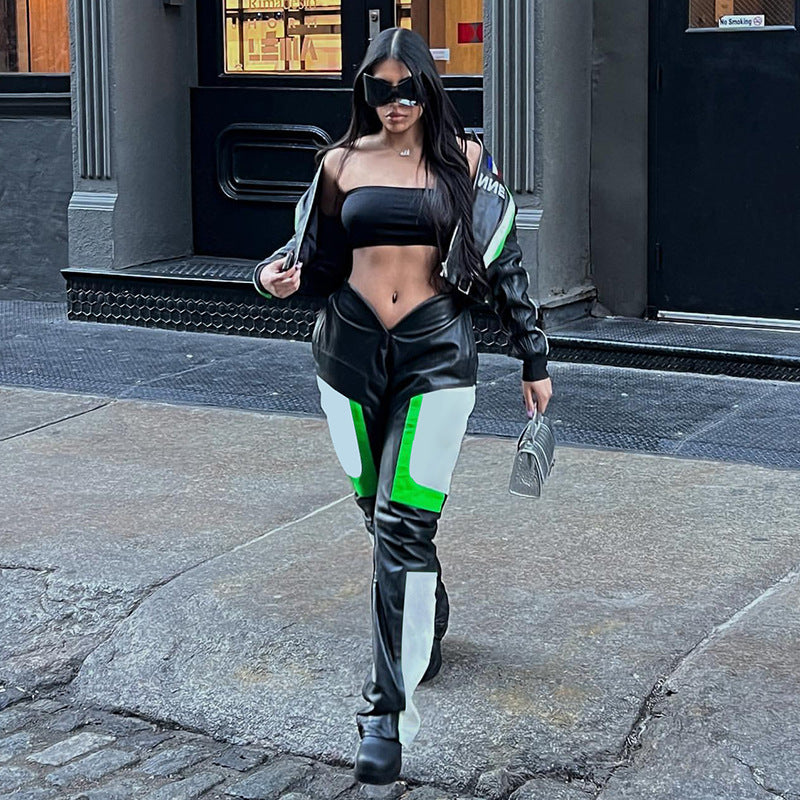PU Leather Contrast Colorblock V-Shaped Waist Design Women's Pants