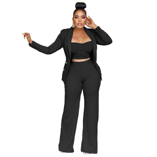 Solid Color Women's 3-Piece Suit w/ Metal Button Blazer, Crop Tank Top + Pants